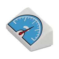 Brick Sloped 30° 1 × 2 × 2/3 with Medium Azure Scale / Speedometer, Red Dial print White