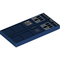 Tile 2 × 4 with White 'POLICE BOX', Black Squares, White Windows, Notice and Door Handle Print (TARDIS) Dark Blue