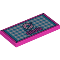 Tile 2 × 4 with 'Olivia' on Medium Blue/White Checkered Back, Donut print Dunkelrosa