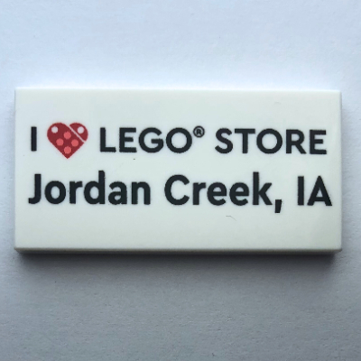 Tile 2 × 4 with 'I Heart LEGO STORE Jordan Creek, IA' print Weiß