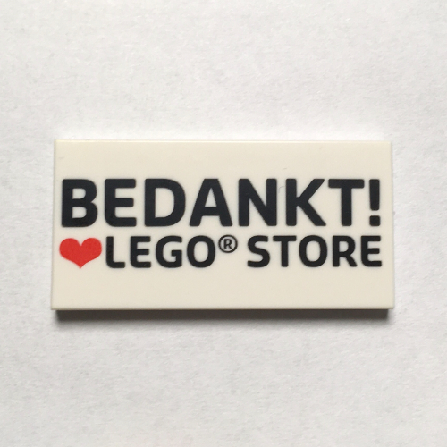 Tile 2 × 4 with 'BEDANKT! heart LEGO STORE' print White