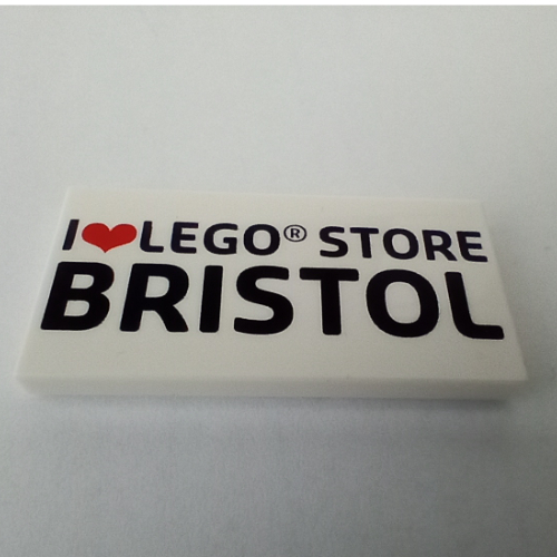 Tile 2 × 4 with 'I heart LEGO STORE BRISTOL' print White
