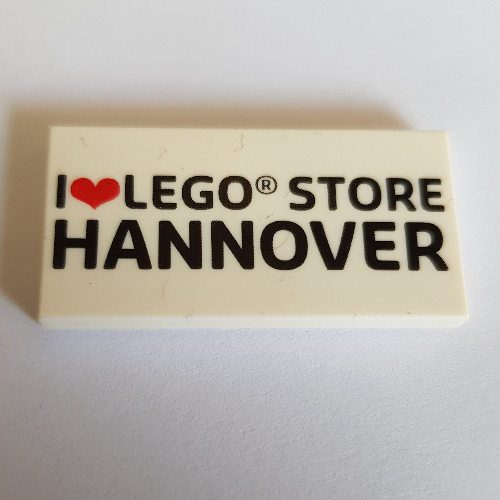 Tile 2 × 4 with 'I heart LEGO STORE HANNOVER' print White