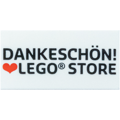 Tile 2 × 4 with 'DANKESCHÖN! LEGO STORE' print White