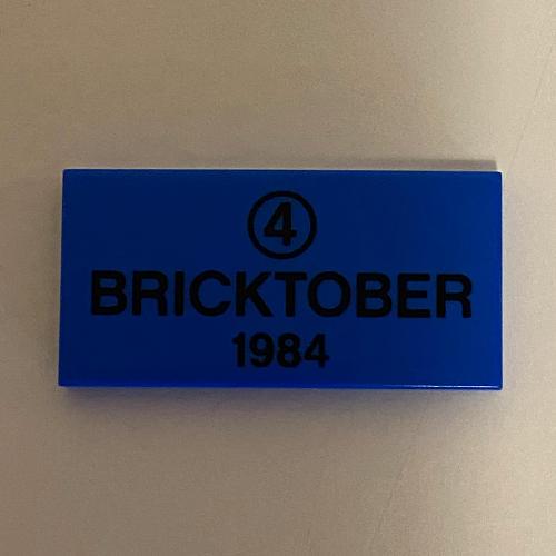 Tile 2 × 4 with '4' in Circle, 'BRICKTOBER 1984' Print Blue
