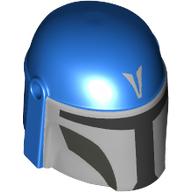 Helmet Mandalorian with Holes, Dark Bluish Grey Decorations, Black Visor, Flat Silver Front Print Blau