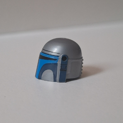 Helmet Mandalorian with Holes, Blue and Dark Blue Print and Black Print on the Left-hand Side Flat Silver