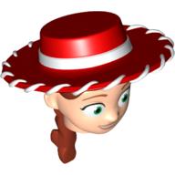 Minifig Head Special with Red Cowboy Hat, Iron Red Ponytail with Smile Print (Jessie) Light Nougat