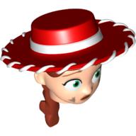 Minifig Head Special with Red Cowboy Hat, Iron Red Ponytail with Dirt Stains Print (Jessie) Hellnougat