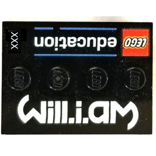 Plate Special 3 × 4 with 1 × 4 Center Studs and 'LEGO education' 'will.i.am' and Unique 3-Digit Number Print Black