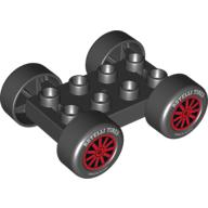 Duplo Car Base, 2 × 4 with Black Tires and Red Spokes, 'Rotelli Tires' and 'Pasta Potenza' Wheels Print Schwarz