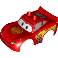 Duplo Car Body 2 Top Studs and Spoiler with Lightning McQueen Rust-Eze Print Red