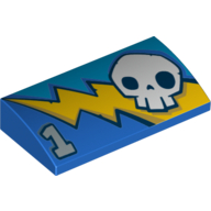 Brick Curved 2 × 4 × 2/3 No Studs with Skull and Stylized Lightning Bolt Print in Blue
