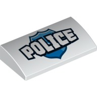 Brick Curved 2 × 4 × 2/3 No Studs, with Bottom Tubes and 'POLICE', Badge Print Weiß