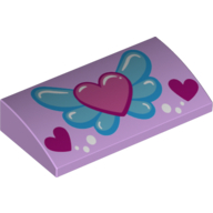Brick Curved 2 × 4 × 2/3 No Studs, with Bottom Tubes and Pink Heart on Blue Wings, White Circles and 2 Magenta Hearts Print Lavendel