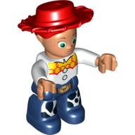 Duplo Figure with Cowboy Hat, Dark Blue Legs with Cow Skin Patches and Yellow Details on Shirts Print (Jessie) White