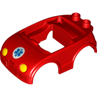 Duplo Car Body with 2 Studs on Back and Yellow Headlights and EMT Star of Life Print Red