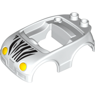 Duplo Car Body with 2 Studs on Back, Yellow Headlights and Zebra Stripes Print White