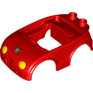 Duplo Car Body with 2 Studs on Back & Yellow Headlights with Reverse Fire Logo Print Red