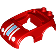 Duplo Car Body with 2 Studs on Back and White Headlights with Shadow and Racing Stripes Print Red
