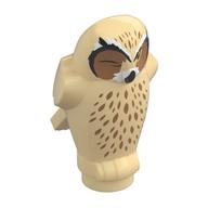 Animal, Bird, Owl Small, Angular Features with Dark Tan Eyes, Black Lines, White Spots Tan