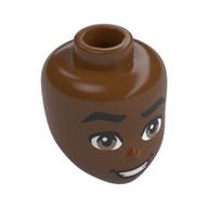 Minidoll Head, Thick Black Eyebrows, Open Mouth Smile, Teeth prin,t Reddish Brown