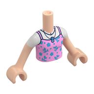Minidoll Torso Girl with Light Nougat Arms and Hands with Bright Pink Top, Medium Blue Flowers, Music Note Pendant, White Shirt print Hellnougat