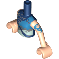 Minidoll Torso Girl with Armored Top with Blue, Silver, and Light Aqua Trim, Water Icon Print, Light Nougat Arms with Hands with Blue Tattoo Print Dark Blue