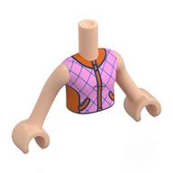 Minidoll Torso Girl with Light Nougat Arms and Hands with Bright Pink Jacket, Reddish Orange Zipper, Collar, Dark Blue Diamonds print Light Nougat