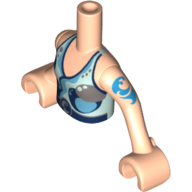 Minidoll Torso Girl with Light Aqua Halter Top with Dark Blue and Silver Belt and Circles Print, Dark Azure Elven Tattoo, Light Nougat Arms and Hands Light Nougat