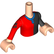 Minidoll Torso Girl with Black and Red Top with Blue Collar Print, Black Arm Left and Red Arm Right with Light Nougat Hands Hellnougat