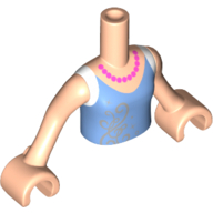 Minidoll Torso Girl with Medium Blue Top, Dark Pink Pearls, White Straps, Silver Filigree Print (Cinderella), Light Nougat Arms and Hands in 