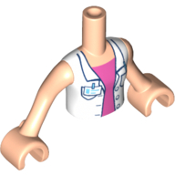 Minidoll Torso Girl with Open White Blouse with Name Badge over Bright Pink Shirt, Light Nougat Arms with Hands Light Nougat