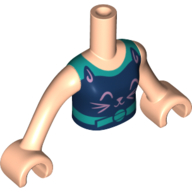Minidoll Torso Girl with Dark Turquoise Top with Dark Blue Cat print, Light Nougat Arms and Hands Light Nougat