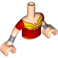Minidoll Torso Girl with Red Top with Gold Wonder Woman Logo Print, Light Nougat Arms with Hands with Red Short Sleeves and Silver Bracelets Print Light Nougat