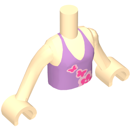 Minidoll Torso Girl with Medium Lavender Halter Top, Dark Pink Butterflies, Flowers Print, Light Nougat Arms And Hands in 