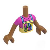 Minidoll Torso Girl with Medium Nougat Arms and Hands with Bright Light Yellow Apron, Medium Blue Straps, Dark Pink Shirt, 'PLAY LAND' print Mittelnougat