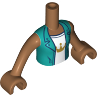 Minidoll Torso Girl with Dark Turquoise Vest, White Shirt with Gold Crown Print, Medium Nougat Arms with Hands Mittelnougat