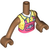 Minidoll Torso Girl with Coral Overall, White flower, Bright Light Yellow Shirt print, Medium Nougat Arms and Hands Mittelnougat