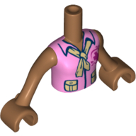 Minidoll Torso Girl with Bright Pink Blouse Top with Red Cross Logo and Dark Tan Scarf Print, Medium Nougat Arms and Hands Mittelnougat