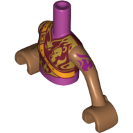 Minidoll Torso Girl with Armored Top with Dark Red and Gold Trim, Fire Icon, Magenta Tattoo Print, Medium Nougat Arms and Hands in 