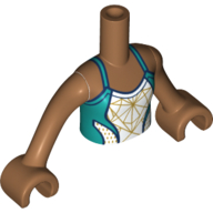 Minidoll Torso Girl with White/Dark Turquoise Top with Gold Decorations Print, Medium Nougat Arms with Hands Medium Nougat