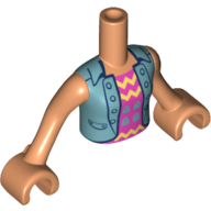Minidoll Torso Girl with Metallic Blue Vest with Buttons, Purple Shirt with Yellow Lines, Metallic Blue Ghosts Print Nougat