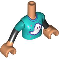 Minidoll Torso Girl with Dark Turquoise Shirt with White Ghost, Black Sleeves print, Nougat Arms and Hands Nougat