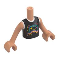 Minidoll Torso Girl with Black/White shirt, Dark Azure/Coral/Bright Light Yellow Game Controller print, Nougat Arms and Hands Nougat