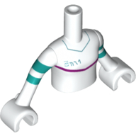 Minidoll Torso Girl with White Coat with Dark Turquoise Stripes Around Arms, Magenta Line Across Chest, White Arms and Hands White
