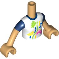 Minidoll Torso Girl, with White Shirt, Dark Blue Sleeves, Decorations print, Warm Tan Arms and Hands Warm Tan