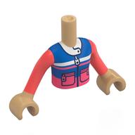 Minidoll Torso Girl with Warm Tan Arms and Hands with Blue/Coral Jacket, Zipper, Pockets, White Collar print Warmes Beige