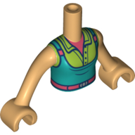 Minidoll Torso Girl with Dark Turquoise Dress, Lime Jacket, Coral Belt and Shirt print, Warm Tan Arms and Hands Warm Tan