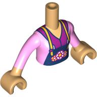 Minidoll Torso Girl with Dark Blue Apron, Flowers, Bright Pink and Magenta Shirt print, Warm Tan Arms and Hands Warm Tan